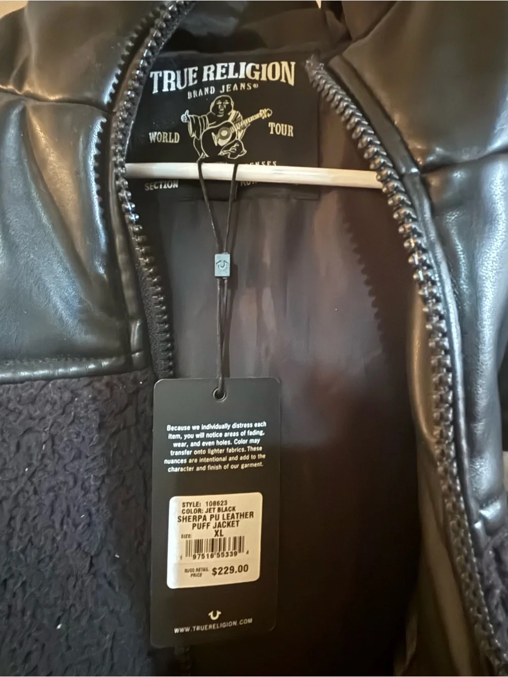 True Religion Mens Black Faux Leather & Sherpa Hooded Jacket